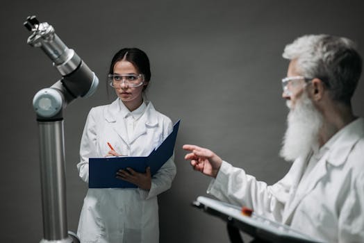 Scientists in lab coats analyze advanced robotics technology, highlighting innovation and teamwork.